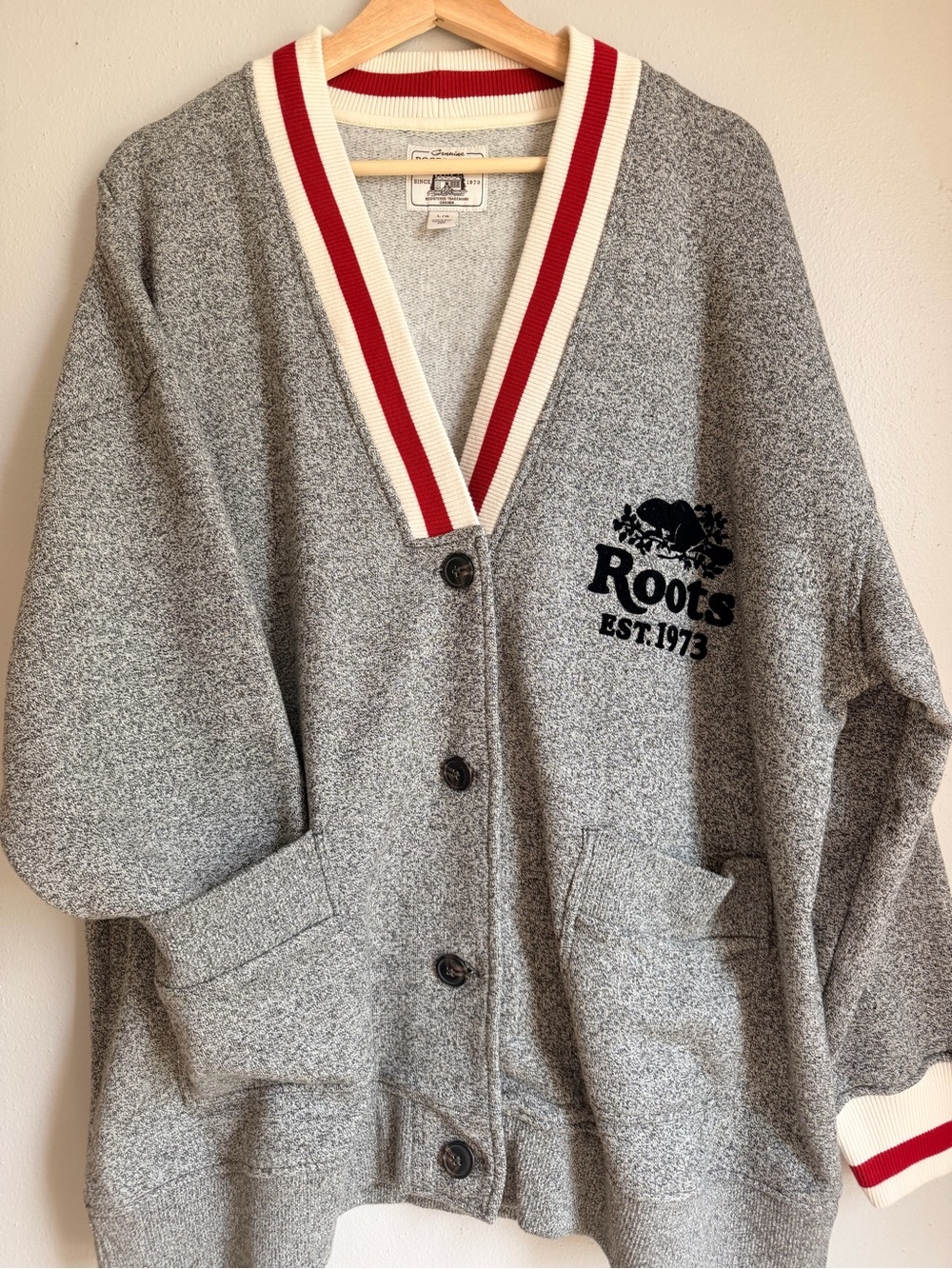 Roots Logo Button Cadigan Swestshirt - Logo on Front & Back LARGE